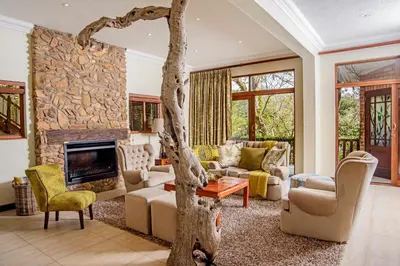 a living room with a fireplace and a stone wall at Indalo Leaves Lodge and Spa in Nelspruit