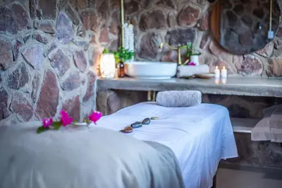 a bed in a room with a stone wall at Dinkweng Safari Lodge in The Waterberg Biosphere