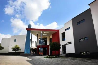 a building with a red white and blue at Blue Diamond Boutique Hotel in Pretoria