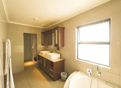 a bathroom with a sink and a toilet and a window at Blue Diamond Boutique Hotel in Pretoria