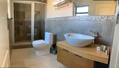 a bathroom with a toilet and a sink and a shower at 66 Dorp Street Apartment in Polokwane