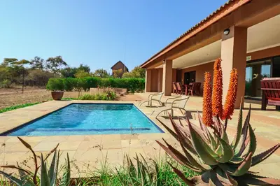 a house with a swimming pool and a cactus at Golden Impalas Bush Resort in Hammanskraal