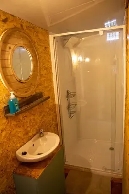 a bathroom with a shower and a sink and a mirror at Blyde Africa- Cottage in Benoni