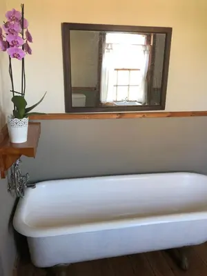 a white bath tub in a bathroom with a mirror at Apple and Rose in Belfast