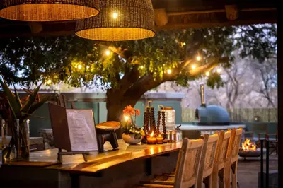 a wooden table with lights and chairs and a tree at Tomo Safari Lodge in Hoedspruit