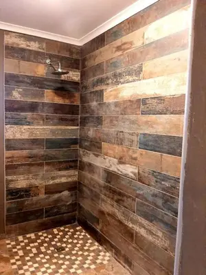 a bathroom with wooden walls and a shower at Rocky Hollow Lodge in Pretoria