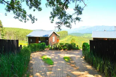 a brick driveway leading to a house with mountains in the background at Forest View Cabins in Tzaneen