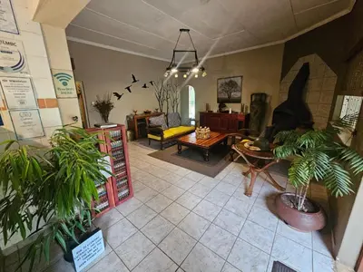 a living room with potted plants on the floor at Aqua Terra Guest House in Lydenburg