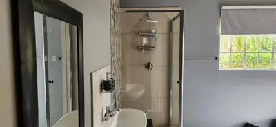 a bathroom with a shower and a sink and a mirror at Mahogany Guesthouse Mbombela in Nelspruit