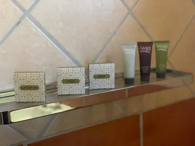 a shelf with four bottles of hair care products at Polokwane Lodge in Polokwane