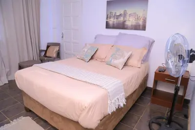 a bedroom with a bed with a fan and a chair at Union Guesthouse in Pretoria