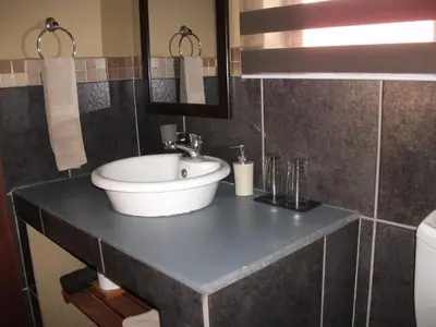 a bathroom with a sink and a mirror at Meerkat Manor in Komatipoort