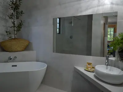 a bathroom with a tub and a sink and a mirror at Waterbessiebos cottage in Tzaneen