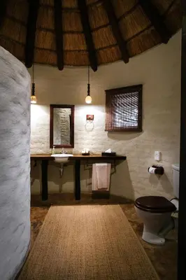 a bathroom with a sink and a toilet at Mopane Bush Lodge in Linton