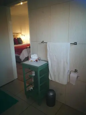 a bathroom with a green table and a towel at King Protea Self Catering Accommodation in Erasmuskloof, Pretoria East in Pretoria