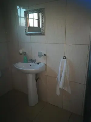 a bathroom with a sink and a mirror at King Protea Self Catering Accommodation in Erasmuskloof, Pretoria East in Pretoria