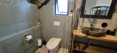 a bathroom with a sink and a toilet and a mirror at The South Post @ Kruger in Marloth Park