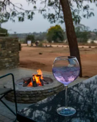 a glass of wine sitting next to a fire pit at The South Post @ Kruger in Marloth Park