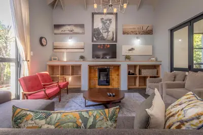 a living room with a couch and a fireplace at 109 Upwood in Dullstroom