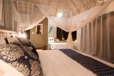 a bedroom with a canopy bed with white curtains at Naledi Lodges in Balule Game Reserve