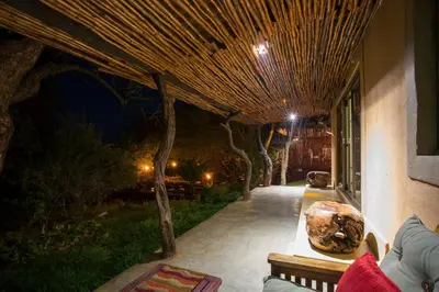 a porch with a wooden ceiling with trees on it at Naledi Lodges in Balule Game Reserve