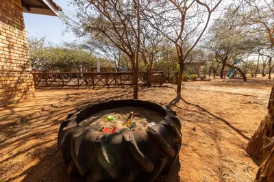 a large tire sitting in the middle of a yard at 462 Bosbok Chalets in Marloth Park