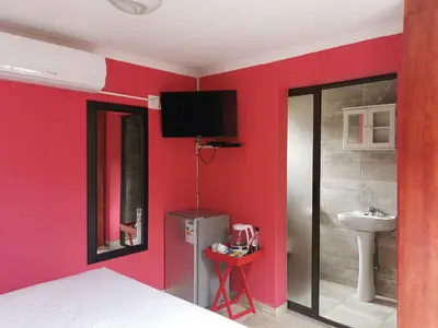 a bedroom with a red wall and a sink at Thavhani Guest House in Thohoyandou