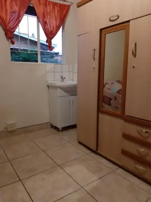 a bathroom with a sink and a mirror at Roullas gardens in Pretoria