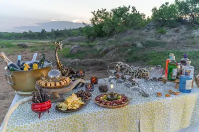 a picnic table with food and drinks on it at Last Word Kitara in Klaserie Private Nature Reserve