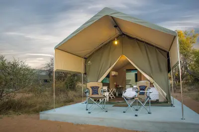 a tent with chairs and a bed in it at Little Mongena Tented Camp in Klipdrift