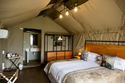 a bedroom with a bed in a tent at Little Mongena Tented Camp in Klipdrift