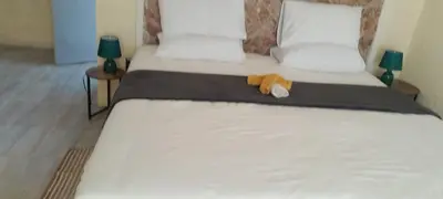 a bed with a stuffed animal sitting on top of it at Hornbills lodge bnb in Mbabat