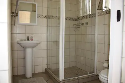 a bathroom with a shower and a sink at Big Tree Guesthouse Brits in Brits