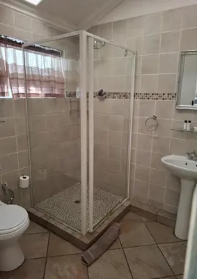 a bathroom with a shower with a toilet and a sink at Big Tree Guesthouse Brits in Brits