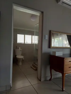 a bathroom with a shower and a toilet and a mirror at Big Tree Guesthouse Brits in Brits