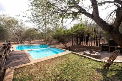 a swimming pool in a yard with a tree at Lovely holiday home bordering Kruger National Park in Marloth Park