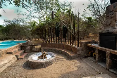 a dog sitting on a stone bench next to a pool at Lovely holiday home bordering Kruger National Park in Marloth Park