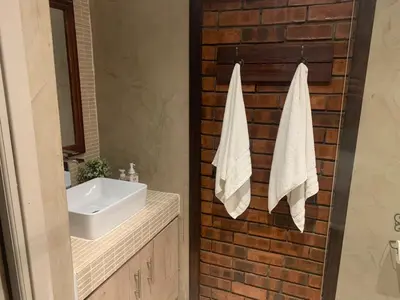 a bathroom with a white sink and a brick wall at Douglas Villas in Tzaneen