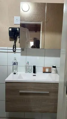 a bathroom counter with a sink and a mirror at Pan African Lodge & Safari in Marloth Park