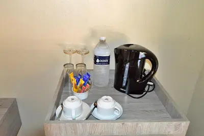 a tray with a tea kettle and a bottle of water at Pan African Lodge & Safari in Marloth Park