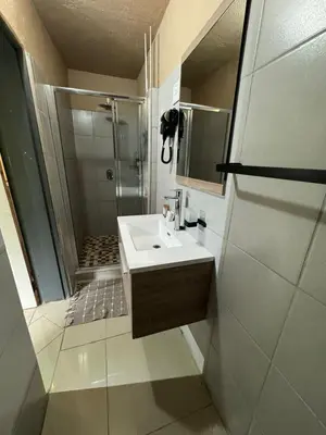 a bathroom with a sink and a shower at Pan African Lodge & Safari in Marloth Park