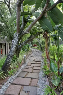 a stone path through a garden with trees at Umbhaba Eco Lodge in Hazyview