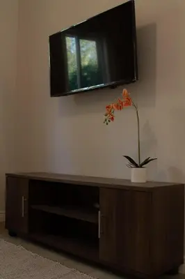 a flat screen tv on top of a wooden cabinet with a flower at The Stables, Beaulieu Kyalami in Midrand