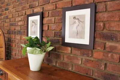 a brick wall with two framed photographs on a table with a plant at Ngwenya Boutique Hotel in Lephalale