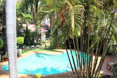 a swimming pool with palm trees next to a house at Ngwenya Boutique Hotel in Lephalale