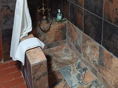 a bathroom with a shower with a tile wall at Wooden Creek Estate in Kempton Park