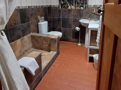 a bathroom with a shower and a toilet and a sink at Wooden Creek Estate in Kempton Park