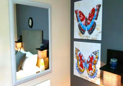 a bedroom with a mirror and a bed with butterflies at Meadowbrook Guesthouse in Pretoria