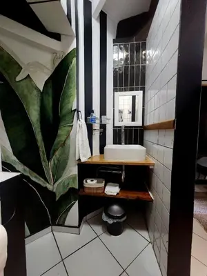 a bathroom with a sink and a large leaf mural at Hello Sunshine Self Catering Studio Apartments in Nelspruit