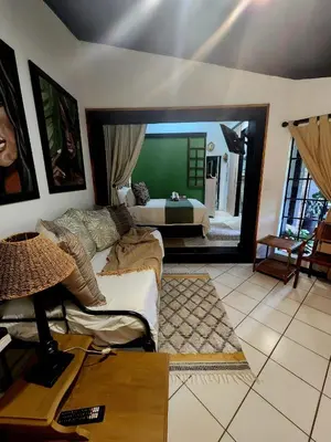 a living room with a bed in a bedroom at Hello Sunshine Self Catering Studio Apartments in Nelspruit